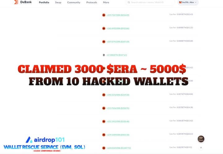 Wallet rescue case: $ERA — Giải cứu airdrop ERA trên 10 ví bị hack, xử lý toàn bộ trong cùng một block.